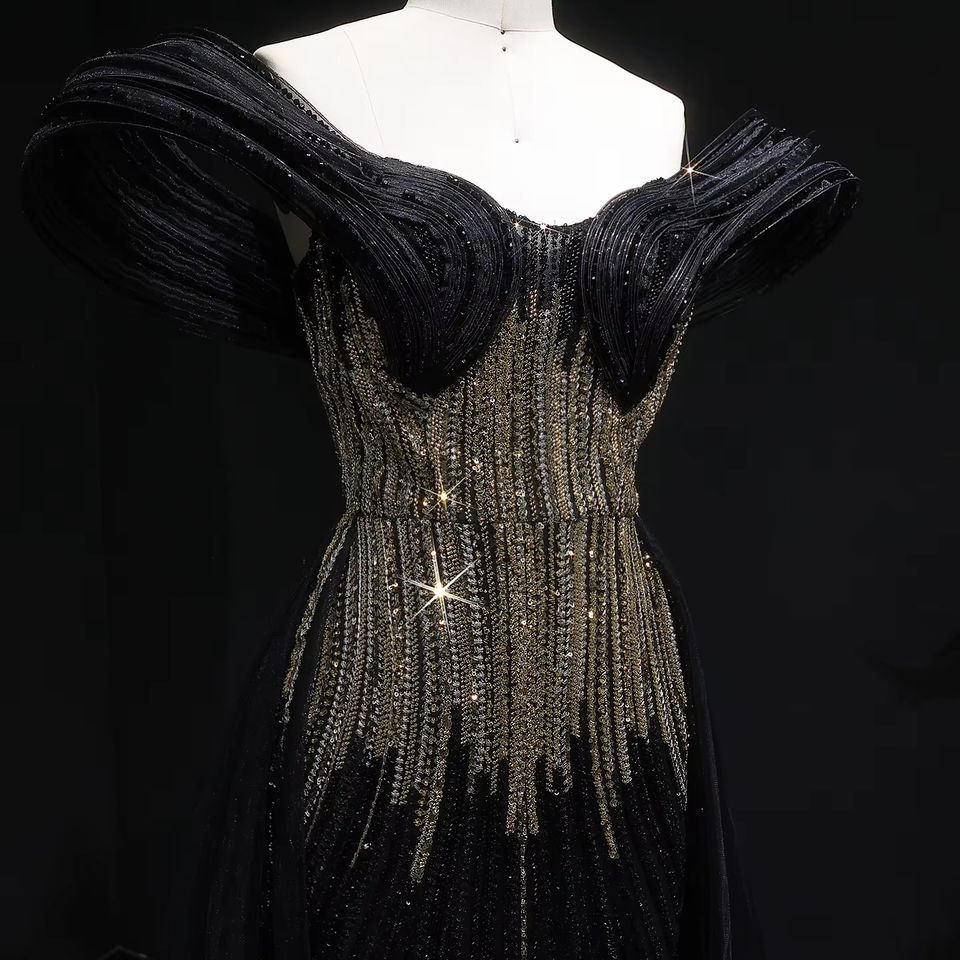 Jancember Beaded Blue Velvet A-Line Gown