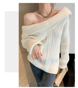 Suéteres de hombro oblicuo de diseño para mujer, ropa exterior holgada acanalada, de gran tamaño, Sexy