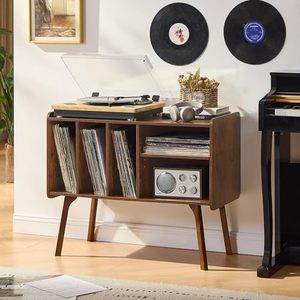 Support de tourne-disque moderne avec 4 armoires pouvant contenir 220 albums, pieds en bois de hêtre, écologique, réglable, support de <span class=keywords><strong>vinyle</strong></span> brun, étagère de rangement - Product Image 4