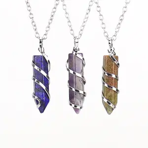 Natural Crystal Pendant With Single Pointed Hexagonal Column Spiral Wrapped Wire For Diy Jewelry Necklace Making