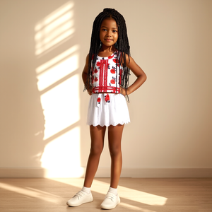 Conjuntos de Ropa de Verano para Niñas, Top Floral con Cuello Halter y Falda Corta Lisa, Manga Larga, Algodón, Mezclilla, Estilos Populares de Boutique - Product Image 2