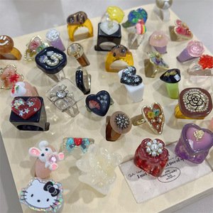 Cincin Akrilik Luoyan untuk Wanita, Perhiasan Menawan untuk Pesta, Hadiah, Cincin Plastik Berwarna Resin Motif Riak Air Geometris - Product Image 1