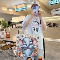 Nouveau sac fourre-tout en toile INS avec broderie florale éléphant au fil doré, grande capacité, bandoulière en corde de chanvre, applique florale