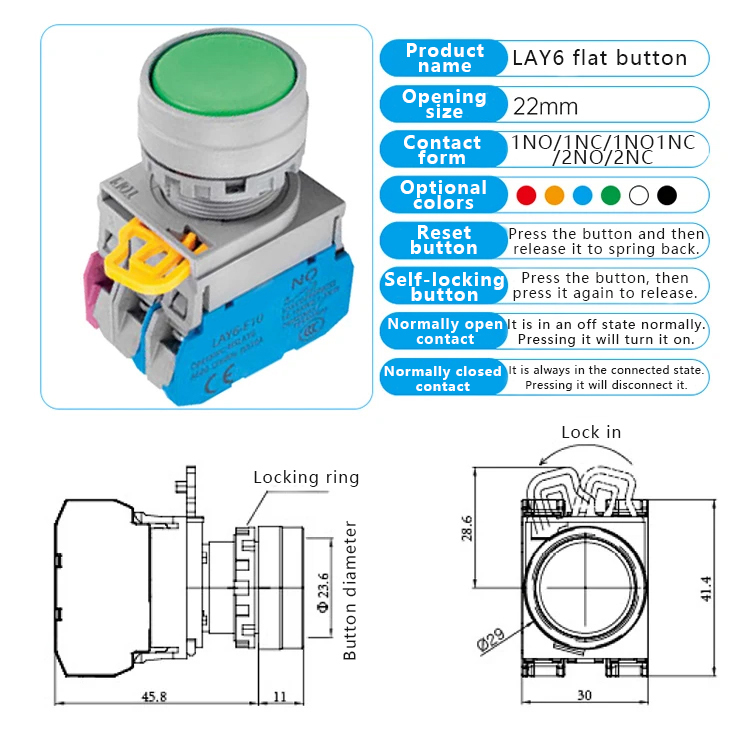 Interrupteur à bouton plat | rouge/vert/jaune/blanc/bleu/noir
