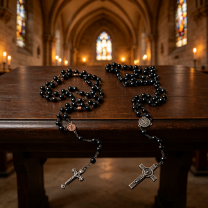 Collier religieux catholique en bois avec perles et croix plaquée argent, en alliage ABS/Zinc, mini perles phosphorescentes, vente en gros, pièce maîtresse - Product Image 1