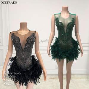 MF Fabricantes de ropa Rhinestone Sexy Cumpleaños Mujeres Pluma Vestido sin tirantes Negro Bodycon Mini vestidos - Product Image 1