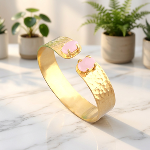 Oval pink chalcedony gemstone cuff <b>bracelet</b> wide cuff <b>bracelet</b> 18k gold plated hammered texture <b>stacking</b> adjustable <b>bracelet</b> - Product Image 5