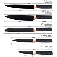 Ensemble de 6 couteaux de cuisine en acier inoxydable 3Cr13 avec revêtement antiadhésif, couteau de chef, couteau à découper et couteau utilitaire pour la cuisine à domicile