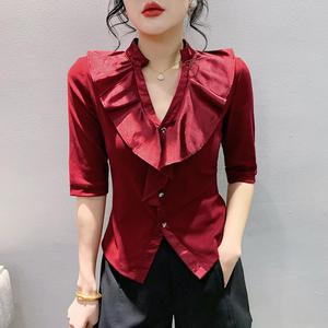 Nouvelle collection printemps : T-<span class=keywords><strong>shirt</strong></span> <span class=keywords><strong>chic</strong></span> pour <span class=keywords><strong>femme</strong></span> à col en V profond et dentelle, manches mi-longues, design <span class=keywords><strong>original</strong></span> - Product Image 2