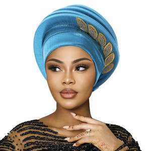 Turban africain Gele nigérian pour mariage, foulard auto-attachable pour <span class=keywords><strong>femme</strong></span> en tissu Aso Oke, élégant accessoire de <span class=keywords><strong>mode</strong></span> musulmane pour voyage et fête - Product Image 5