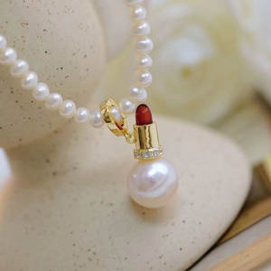 S925 Silver DIY Pearl Accessory Pendant 9-12mm Round Beads 31091 Empty Stand <b>Lipstick</b> Necklace Fashion Pendant Necklaces - Product Image 1