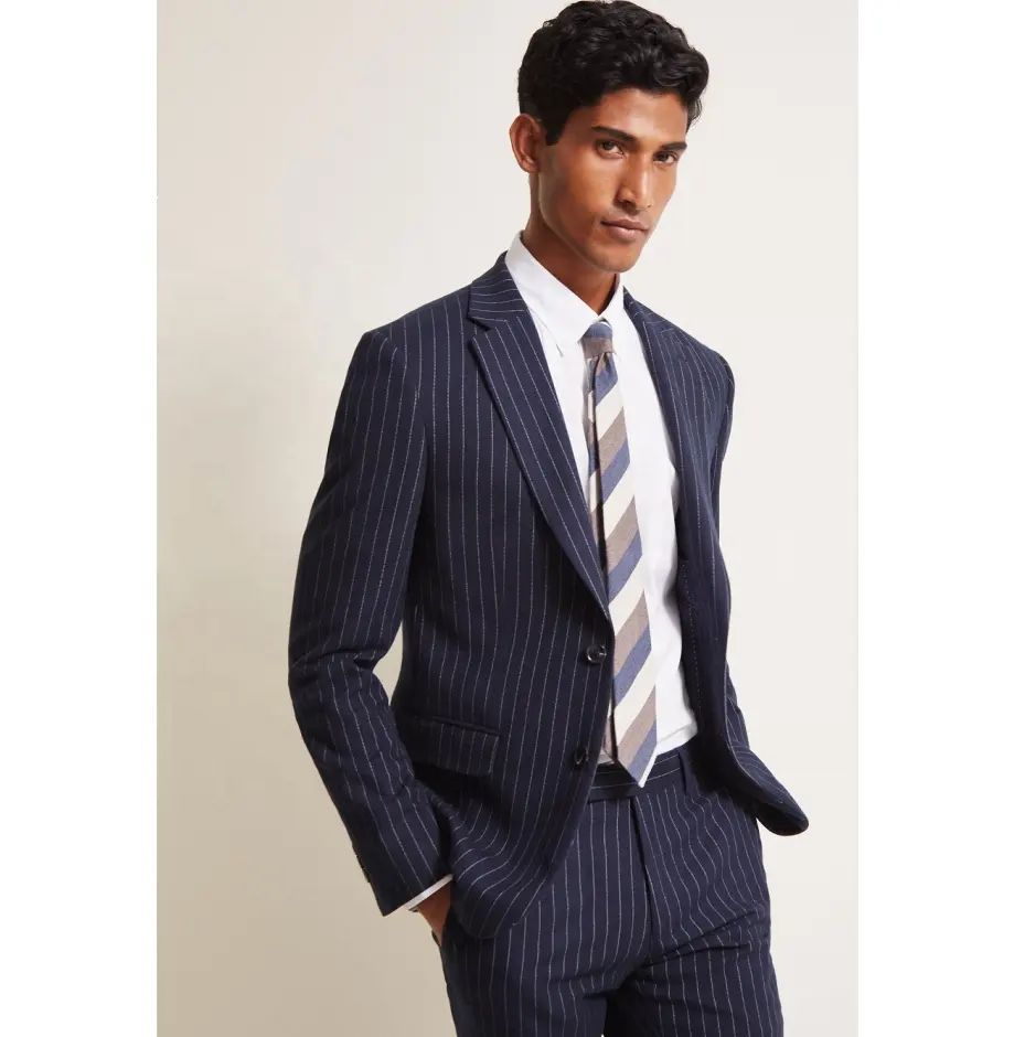 Jaqueta de poliéster e 100% algodão, camisa de sarja design personalizado navy, 3 peças, agitado, terno de negócios masculino