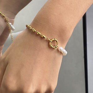 Pulsera J&D de Acero Inoxidable Resistente al Agua con Baño de Oro de 18K, Cadenas Tipo Serpiente, Eslabón Cubano y Cable con Cuentas Ovaladas, Dijes y Cierres de Palanca y Langosta - Product Image 4