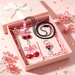 พวงกุญแจผู้หญิงสีชมพูวิบวับพร้อมดีไซน์โบว์และเชอร์รี่, สายซิลิโคนทันสมัย, แผ่นรองนิรภัย, ป้องกันการสูญหาย, ในตัว - Product Image 2