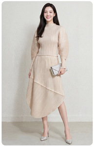 PY 2026 Summer New Arrival Hot Miyake Pleated Evening Plus Size Beige Lantern Sleeve Dress Plus Size Women's Clothing Wholesale - Product Image 5