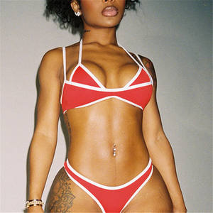 Ensemble sexy en patchwork 2 pièces pour femmes, <span class=keywords><strong>maillot</strong></span> <span class=keywords><strong>de</strong></span> <span class=keywords><strong>bain</strong></span> <span class=keywords><strong>de</strong></span> plage, bordure blanche, haut <span class=keywords><strong>de</strong></span> soutien-gorge halter + <span class=keywords><strong>culotte</strong></span>, tenue <span class=keywords><strong>de</strong></span> club basique et moulante, tenue <span class=keywords><strong>de</strong></span> vacances - Product Image 2