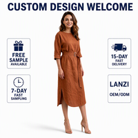 Fabricant de vêtements en lin sur mesure pour femmes, couleur unie, ourlet incurvé, coupe décontractée, longueur midi, grandes tailles, faible MOQ, élégant, été
