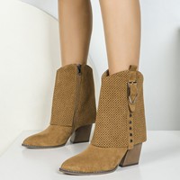Nouvelles bottes de mode pour femmes avec talons épais, rivets pointus, ceintures, fermetures éclair latérales et talons hauts
