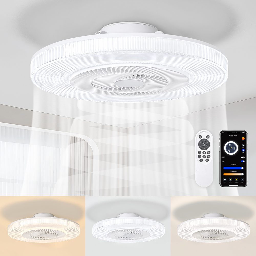New 2025 Hot Sale 19.7 Inch Smart Luxury Living Room White Low Profile 220v Ceiling Fan Lamp with Lights and Remote Control 220v