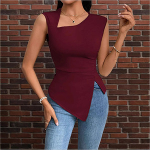 Débardeur uni asymétrique moulant sans manches pour femme – Tendance - Product Image 4