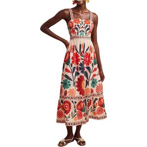 Robe longue élégante pour femme, style bohème, imprimé floral, sans manches, coupe trapèze, bretelles spaghetti, taille élastique, respirante, tissée - Product Image 1