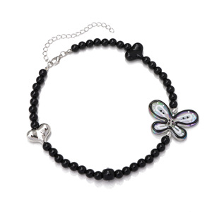 Conjunto de collar y pulsera con cuentas de corazón y mariposa, aleación de zinc, negro, para mujer, joyería de moda para fiestas - Product Image 5