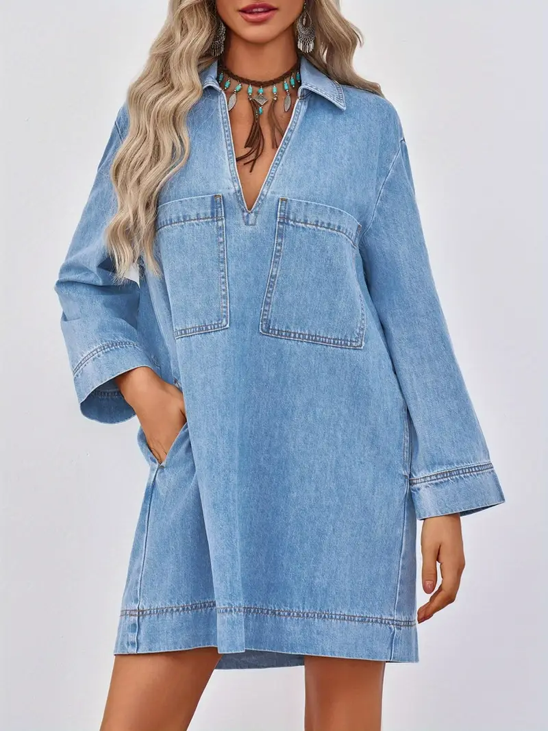 New Trendy Soft Fabric Long Sleeve Knee-length Denim Dresses Spring Wear  Women Casual Loose Fit Denim Shirt Dress| Alibaba.com