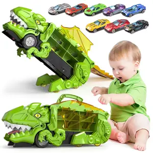 Ksf 3-In-1 Dinosaurus Opslagwagen Diecast Speelgoed Slikken Metalen Auto Transformeert In Stampende T-Rex Met Wrijving Speelgoedvoertuig