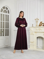 Robe Abaya Musulmane Élégante en Satin Polyester Brillant, Ornée de Strass, Manches Longues, Robe de Soirée Maxi, Ceinture en Strass pour Femmes