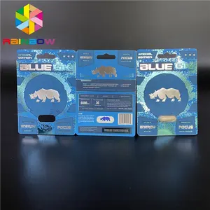 Großhandel 350g White Paper Board Blau 6K Rhino Pills Männliche Pillen Kapsel Performance Blister Paket Papier karte mit Kugel