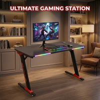 Bureau de jeu extensible AOR moderne en acier inoxydable avec bande LED intégrée, porte-gobelet, crochet pour casque, boîte multiprise personnalisable