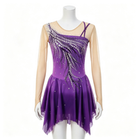 Robe de patinage artistique violette pour enfants et adultes, maille nude à manches longues, strass et rayures diagonales, pour compétition et spectacle de patinage sur glace