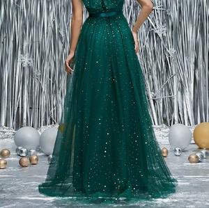 Nuevo Vestido de Noche Europeo Americano con Lentejuelas, Cuello en V, Malla, Largo hasta el Suelo, Ajustado, con Abertura, Ideal para Fiestas de Cumpleaños - Product Image 4