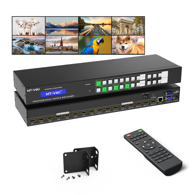 MT-VIKI 4K HDMI Matrix Switch 8X8 w/Web GUI & 3.5mm Stereo Audio Extraction w/IR Remote, 4K@30Hz,  Fit 1U 19'' Rack