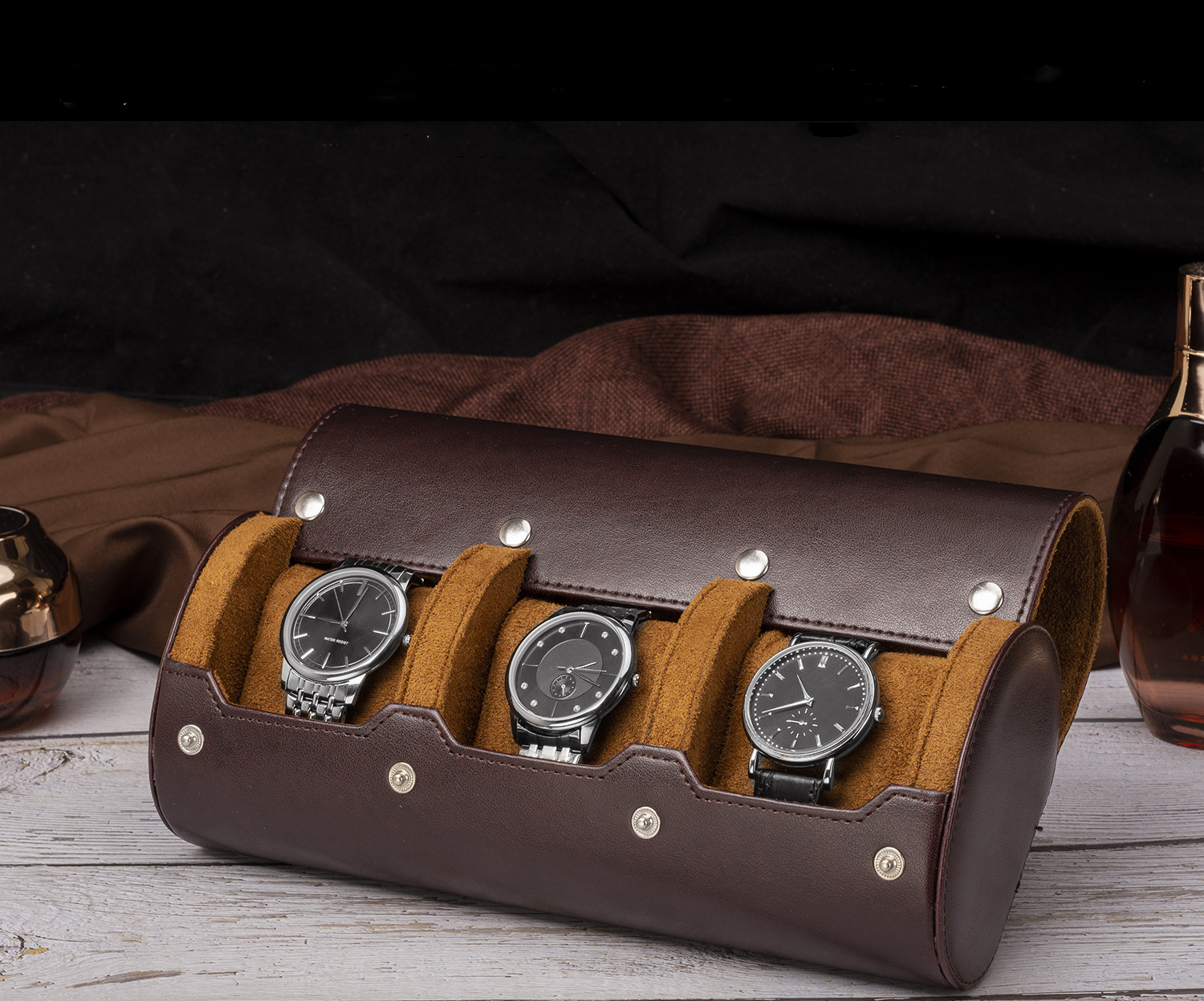 PU leather Travel Watch Roll Case 3 Slots Luxury Leather Portable Storage Box Organizer for Watches fashion watch roll case