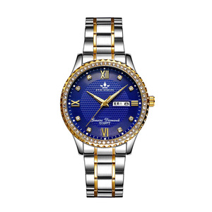 Reloj de Pulsera de Alta Calidad para Hombre de Negocios, Dos Tonos, Dorado y Plateado, Correa de Acero, Bisel con Diamantes, Esfera Azul, Calendario Doble, Reloj de Cuarzo - Product Image 5