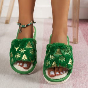Pantuflas Navideñas de Felpa para Mujer, Abiertas, de Algodón, Planas, Térmicas, para Interiores, con Suela Antideslizante, Cálidas - Product Image 4