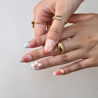 Ongles à presser en amande 3D dégradé rose-bleu coucher de soleil, motif papillon peint à la main, strass et coquillage, 10 pièces personnalisables
