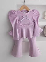 Ensemble deux pièces pour bébé fille, violet uni, style coréen, haut à manches bouffantes et pantalon évasé pour enfants