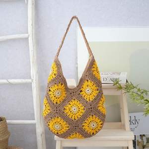 Sac seau d'épaule en paille tressée de luxe pour femme, style patchwork <span class=keywords><strong>granny</strong></span> square <span class=keywords><strong>au</strong></span> <span class=keywords><strong>crochet</strong></span>, personnalisable, pour voyage, plage, ou à porter sous le bras - Product Image 1