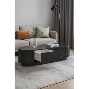 Mesa de Centro Redonda Rectangular de Cuarcita Negra Brasilia de Estilo Moderno y Lujoso, Directo de Fábrica, con Cajones para Sala de Estar Interior - Product Image 1