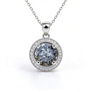 Collier pendentif en argent sterling 925 avec diamant sel et poivre naturel, design double halo taille ronde, cadeau d'anniversaire pour elle - Product Image 1