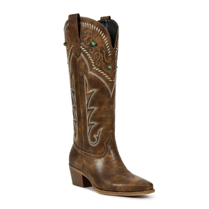 WETKISS Bottes de cowgirl western à bout pointu pour <span class=keywords><strong>femme</strong></span>, turquoise, cloutées, hauteur genou, talon épais rétro, bottes longues - Product Image 1