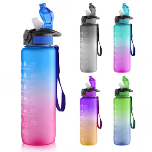 32oz Motivational Fitness Plastic Sports Water Bottles with Time Marker Reminder, BPA Free, Non Toxic for Fitness, Gym, Outdoor