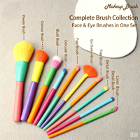 Ensemble de 10 pinceaux de maquillage arc-en-ciel pour le visage, pinceaux plats et éventail, fibres synthétiques douces, outils pour poudre, blush et fard à paupières - Outils de beauté
