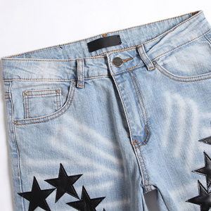 Jeans en denim à cinq branches étoilées AeeDenim avec logo OEM personnalisé, jeans en denim <span class=keywords><strong>noir</strong></span> pour <span class=keywords><strong>homme</strong></span> avec étoile en cuir, trous, élastique, <span class=keywords><strong>slim</strong></span>, long - Product Image 4