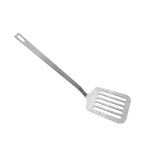 Metal Spatula Turner yemek pişirmek için, gümüş paslanmaz çelik oluklu Spatula, oluklu Turner uzun saplı