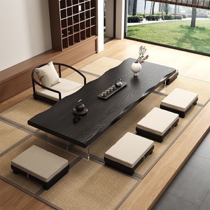Black Tatami Tea Table Wabi Sabi Style Japanese Low Table For Living Room And Dining Room Floor Standing With <b>Cushions</b> - Product Image 1