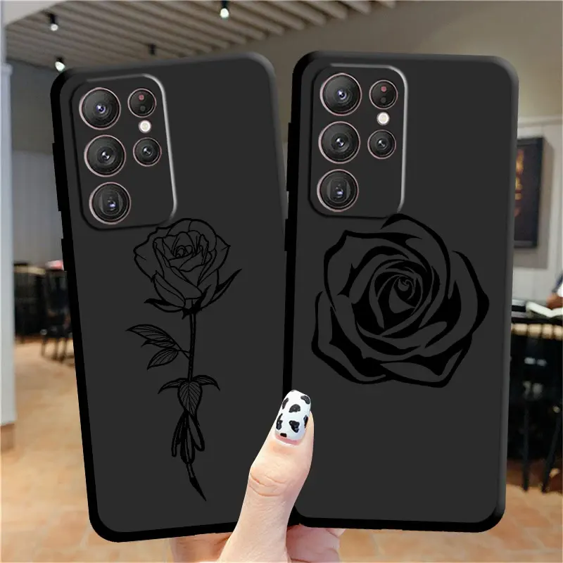 Ốp lưng điện thoại logo hoa hồng thời trang cho Samsung S23 S22 S21 S20 FE Ultra Pro Lite S10 S9 S8 5g cộng với vỏ mềm màu đen