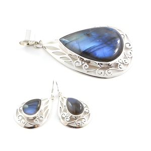 925 Sterling Silver Labradorite Jewelry Set Pendant Earrings Blue Flash Gemstone Intricate Filigree Setting Women's Wear - Product Image 1